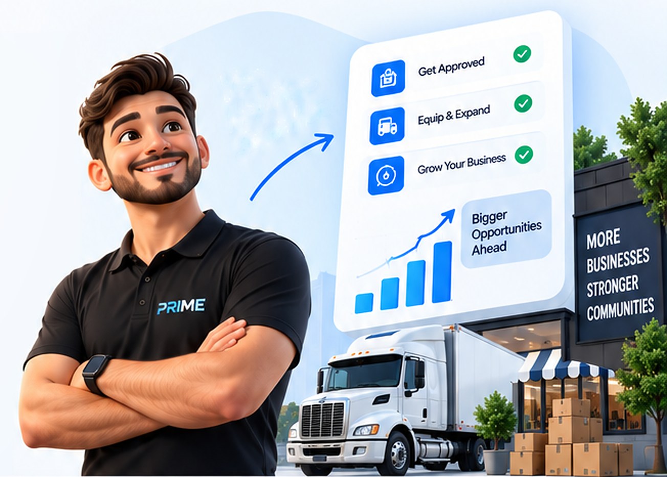 Smiling business owner in a PRIME polo beside a funding checklist card, a delivery truck and a storefront