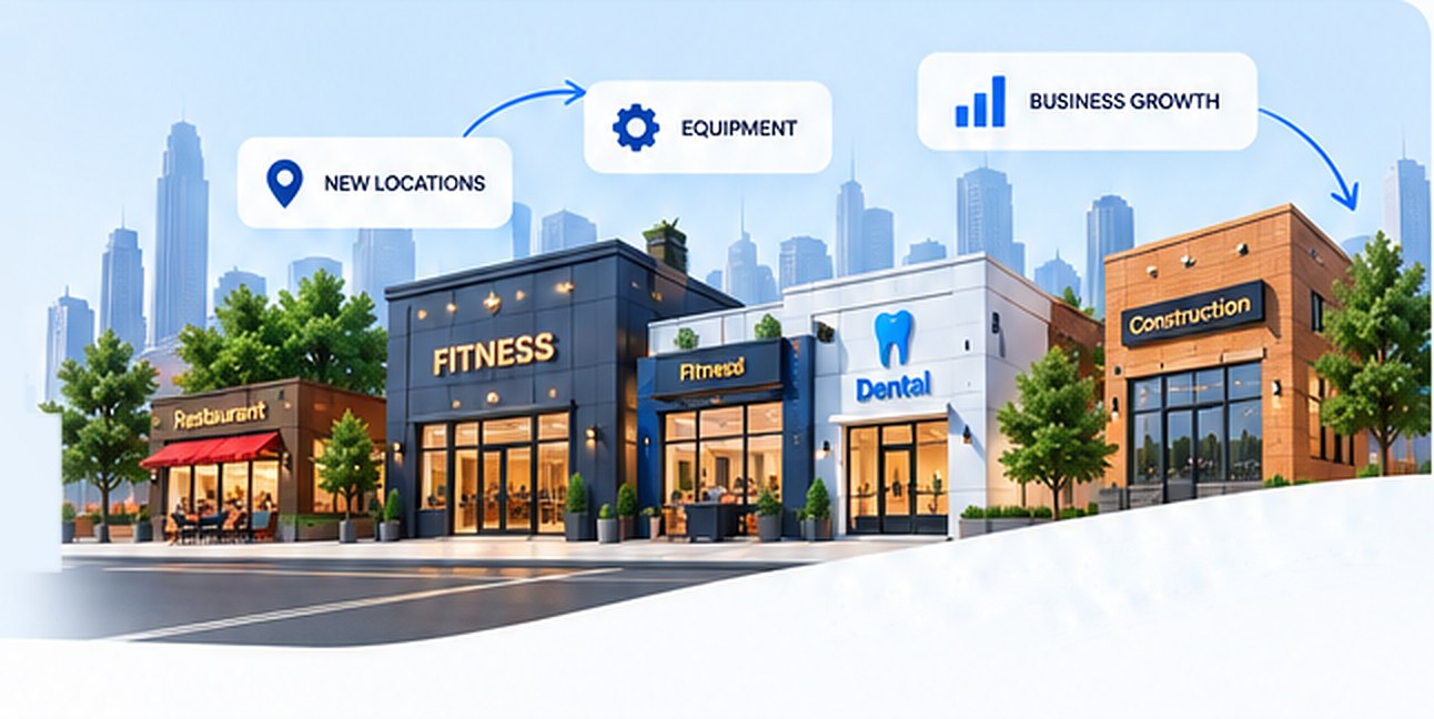 Illustrated main street of businesses — restaurant, fitness studio, dental office and construction company — in front of a city skyline